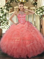 Watermelon Red Sleeveless Floor Length Beading and Embroidery Lace Up Quince Ball Gowns