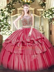 Organza and Taffeta Scoop Sleeveless Lace Up Beading and Ruffled Layers Ball Gown Prom Dress in Coral Red