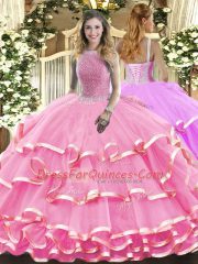 Floor Length Lace Up 15 Quinceanera Dress Rose Pink for Military Ball and Sweet 16 and Quinceanera with Beading and Ruffled Layers