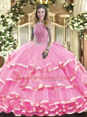 Floor Length Lace Up 15 Quinceanera Dress Rose Pink for Military Ball and Sweet 16 and Quinceanera with Beading and Ruffled Layers