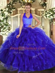 Royal Blue Sweet 16 Dress Military Ball and Sweet 16 and Quinceanera with Ruffles Halter Top Sleeveless Lace Up