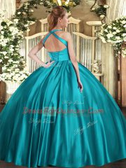 Great Sleeveless Floor Length Ruching Lace Up Quinceanera Gown with Blue