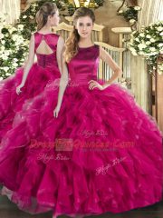 Luxury Sleeveless Floor Length Ruffles Lace Up 15th Birthday Dress with Fuchsia