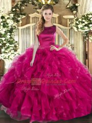 Luxury Sleeveless Floor Length Ruffles Lace Up 15th Birthday Dress with Fuchsia