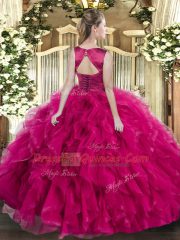 Luxury Sleeveless Floor Length Ruffles Lace Up 15th Birthday Dress with Fuchsia
