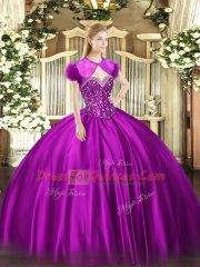 Eye-catching Beading 15 Quinceanera Dress Fuchsia Lace Up Sleeveless Floor Length