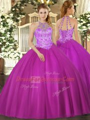 Dramatic Fuchsia Ball Gowns Satin Halter Top Sleeveless Beading Floor Length Lace Up Quince Ball Gowns