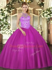 Dramatic Fuchsia Ball Gowns Satin Halter Top Sleeveless Beading Floor Length Lace Up Quince Ball Gowns