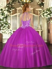 Dramatic Fuchsia Ball Gowns Satin Halter Top Sleeveless Beading Floor Length Lace Up Quince Ball Gowns