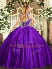 Royal Blue Satin Lace Up Straps Sleeveless Floor Length Quinceanera Gowns Beading