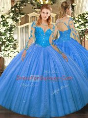 Latest Floor Length Baby Blue Quince Ball Gowns Tulle Long Sleeves Lace