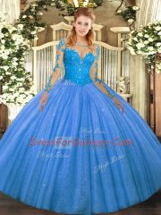 Latest Floor Length Baby Blue Quince Ball Gowns Tulle Long Sleeves Lace