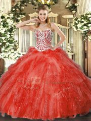 Sweetheart Sleeveless Sweet 16 Dresses Floor Length Beading and Ruffles Coral Red Tulle
