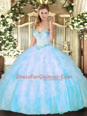 Luxury Aqua Blue Ball Gown Prom Dress Military Ball and Sweet 16 and Quinceanera with Beading and Ruffles Sweetheart Sleeveless Lace Up