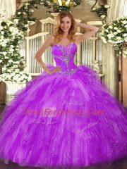 Sweetheart Sleeveless Ball Gown Prom Dress Floor Length Beading and Ruffles Eggplant Purple Organza