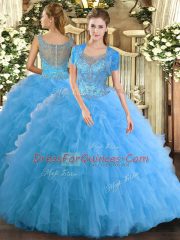 Perfect Aqua Blue Tulle Clasp Handle Scoop Sleeveless Floor Length Sweet 16 Dress Beading and Ruffled Layers