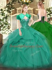 Turquoise Quinceanera Gowns Military Ball and Sweet 16 and Quinceanera with Beading and Ruffles Sweetheart Sleeveless Lace Up