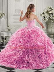 Sweetheart Sleeveless Organza Quinceanera Dress Beading and Ruffles Court Train Lace Up