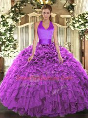 Floor Length Fuchsia Quinceanera Gowns Organza Sleeveless Ruffles