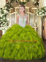 Olive Green Sleeveless Floor Length Beading and Ruffles Zipper Quinceanera Dresses
