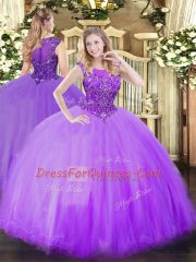 Tulle Scoop Sleeveless Zipper Beading Quince Ball Gowns in Lilac