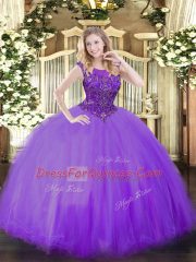Tulle Scoop Sleeveless Zipper Beading Quince Ball Gowns in Lilac