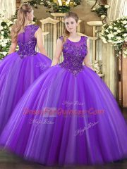 Sleeveless Floor Length Beading Zipper Sweet 16 Dress with Eggplant Purple