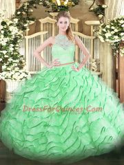 High Quality Apple Green Scoop Zipper Lace and Ruffles 15th Birthday Dress Brush Train Sleeveless