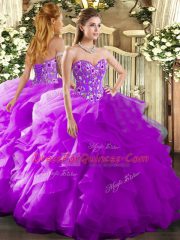 Purple Sweetheart Lace Up Embroidery and Ruffles Ball Gown Prom Dress Sleeveless