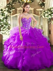 Purple Sweetheart Lace Up Embroidery and Ruffles Ball Gown Prom Dress Sleeveless