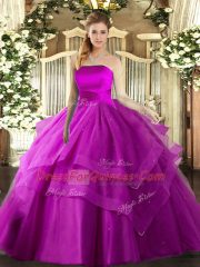 Gorgeous Sleeveless Tulle Floor Length Lace Up Quinceanera Gown in Fuchsia with Ruffled Layers