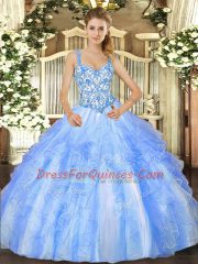 Organza Straps Sleeveless Lace Up Beading and Ruffles Vestidos de Quinceanera in Blue And White