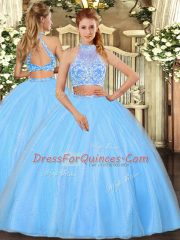 Latest Aqua Blue Sleeveless Tulle Criss Cross Quinceanera Dresses for Military Ball and Sweet 16 and Quinceanera