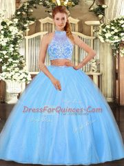 Latest Aqua Blue Sleeveless Tulle Criss Cross Quinceanera Dresses for Military Ball and Sweet 16 and Quinceanera