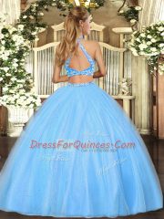 Latest Aqua Blue Sleeveless Tulle Criss Cross Quinceanera Dresses for Military Ball and Sweet 16 and Quinceanera
