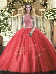 Custom Design Red Sleeveless Tulle Lace Up Sweet 16 Quinceanera Dress for Military Ball and Sweet 16 and Quinceanera
