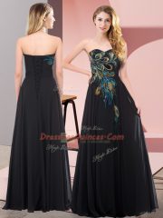 Black Chiffon Lace Up Prom Party Dress Sleeveless Floor Length Embroidery