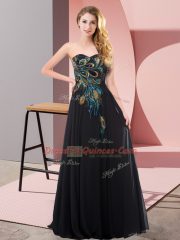 Black Chiffon Lace Up Prom Party Dress Sleeveless Floor Length Embroidery