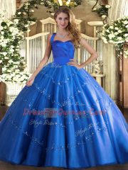 Sleeveless Tulle Floor Length Lace Up Sweet 16 Dress in Blue with Appliques