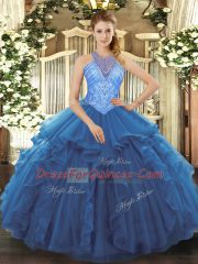 Blue High-neck Lace Up Beading and Ruffles Vestidos de Quinceanera Sleeveless