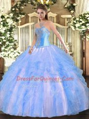 Aqua Blue Sleeveless Tulle Lace Up Vestidos de Quinceanera for Military Ball and Sweet 16 and Quinceanera