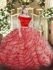 Fancy Coral Red Two Pieces Tulle Off The Shoulder Short Sleeves Ruffled Layers Zipper 15th Birthday Dress Brush Train