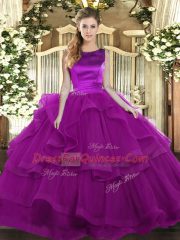Purple Tulle Lace Up Scoop Sleeveless Floor Length Sweet 16 Dresses Ruffles