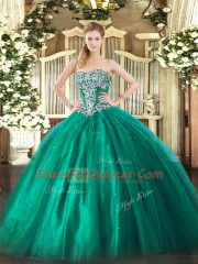 Turquoise Ball Gowns Tulle Strapless Sleeveless Beading Floor Length Lace Up Sweet 16 Dress
