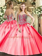 Floor Length Coral Red Quinceanera Dress Sweetheart Sleeveless Lace Up