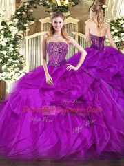Purple Ball Gowns Strapless Sleeveless Organza Floor Length Lace Up Beading and Ruffles Sweet 16 Dresses