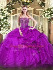 Purple Ball Gowns Strapless Sleeveless Organza Floor Length Lace Up Beading and Ruffles Sweet 16 Dresses
