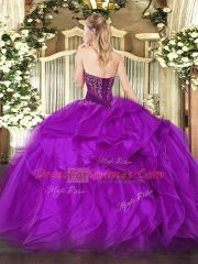 Purple Ball Gowns Strapless Sleeveless Organza Floor Length Lace Up Beading and Ruffles Sweet 16 Dresses