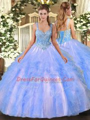 Cute Floor Length Lace Up Ball Gown Prom Dress Light Blue for Military Ball and Sweet 16 and Quinceanera with Beading and Ruffles