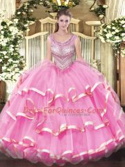 Lilac Lace Up Sweet 16 Quinceanera Dress Beading and Ruffles Sleeveless Floor Length